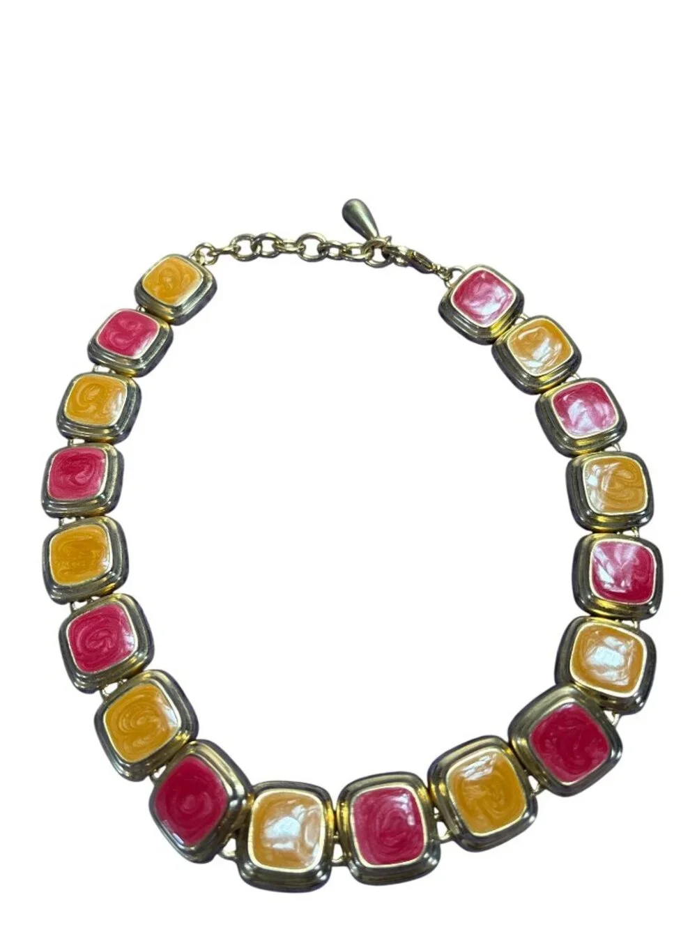Vintage Goldtone Squares Enamel Necklace Red Yellow Long Rust Spot on the Back